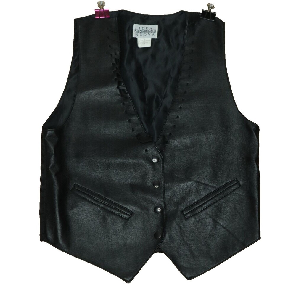 Idea Nuova Vintage Womens Medium/Large Black Faux Leather Vest Snap Closure